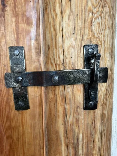 Door with dragon overlay, July 2026, Redwood and metal