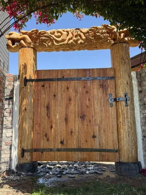 Door with dragon overlay, July 2026, Redwood and metal