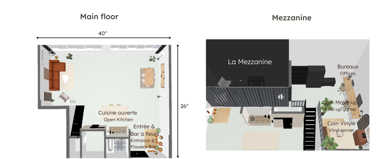 Plan d'un appartement avec un rez-de-chaussée et un étage supérieur. Le rez-de-chaussée comprend un espace salle à manger, un salon avec canapé et télévision, une cuisine et une petite salle de bain. L'étage supérieur, appelé La Mezzanine, comporte u
