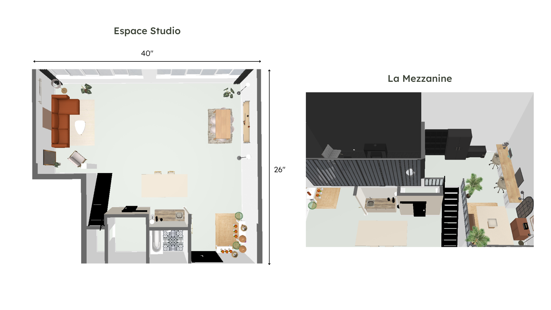 Plan d'un appartement avec un rez-de-chaussée et un étage supérieur. Le rez-de-chaussée comprend un espace salle à manger, un salon avec canapé et télévision, une cuisine et une petite salle de bain. L'étage supérieur, appelé La Mezzanine, comporte u