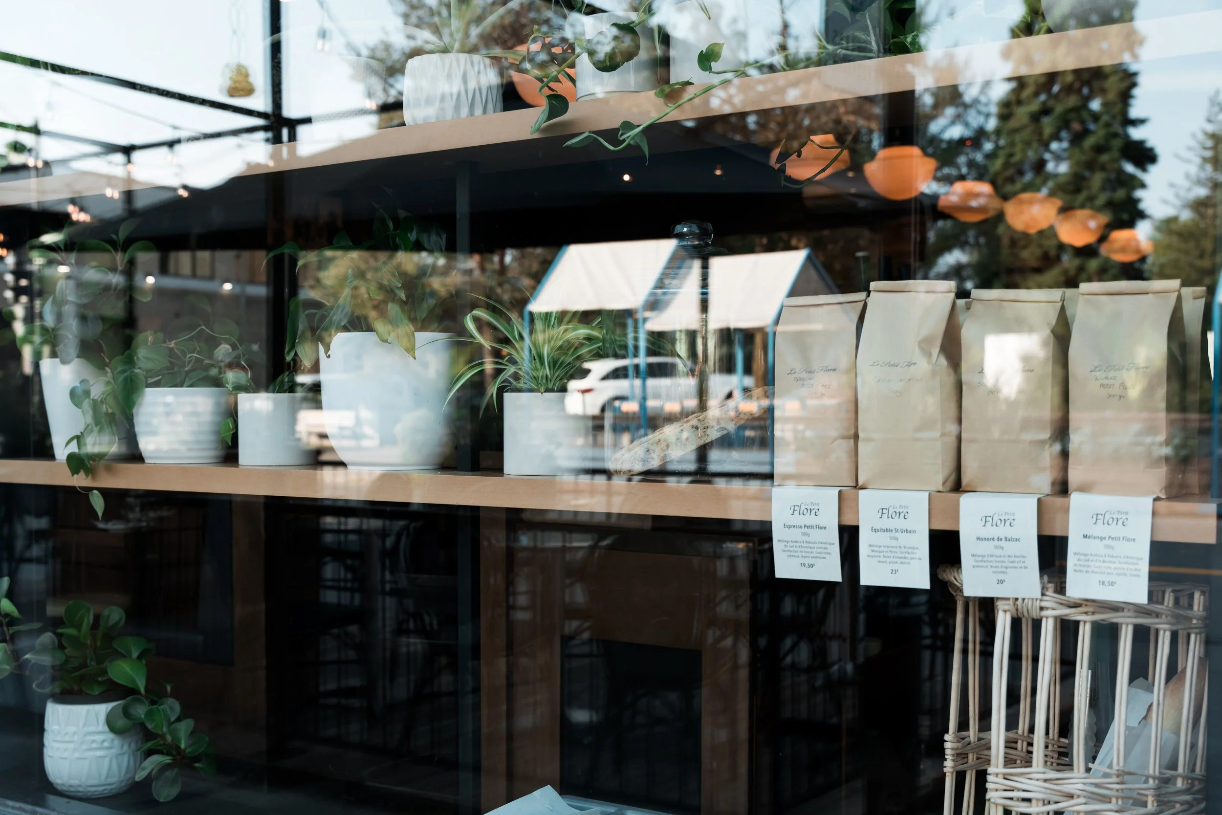 Vitrine d'une boutique de plantes et de produits artisanaux avec des plantes en pot, sacs de café et étiquettes de prix
