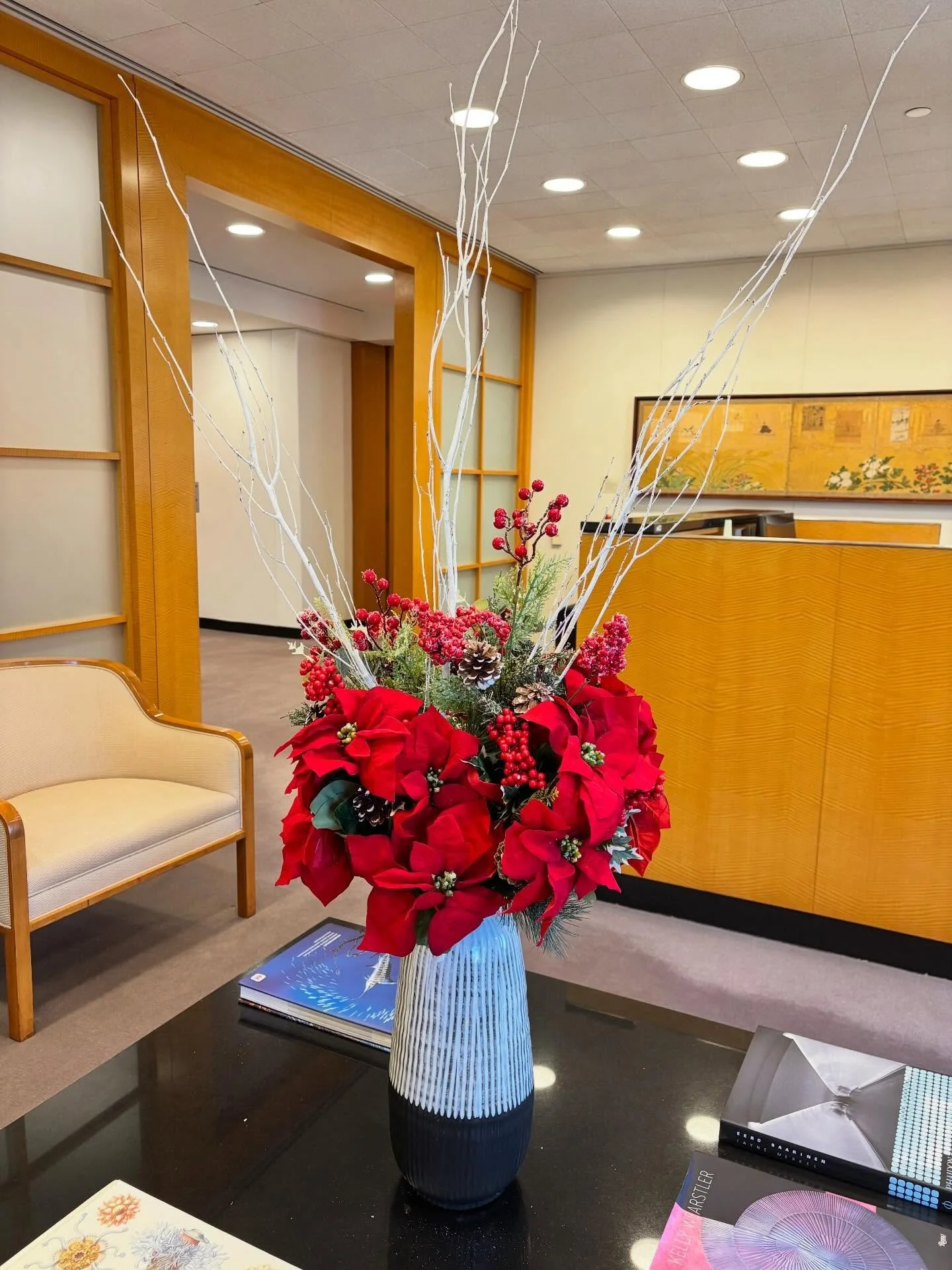 Early morning install. 42 poinsettia. 12 reception arrangements. One large reception arrangement. 8 amaryllis plants. #midtown #holidaydecor