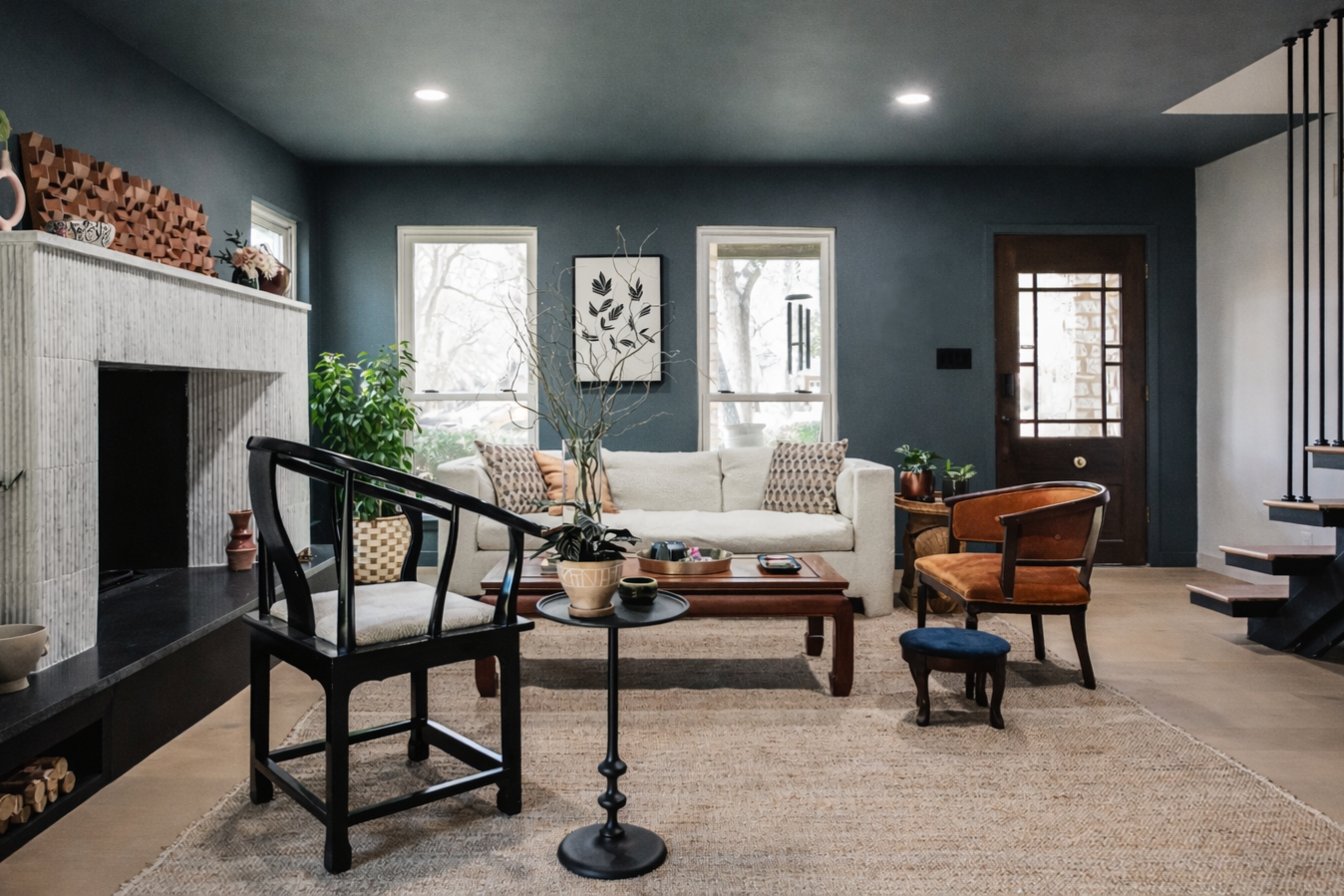 Eclectic Living Room with Fluted Marble Fireplace