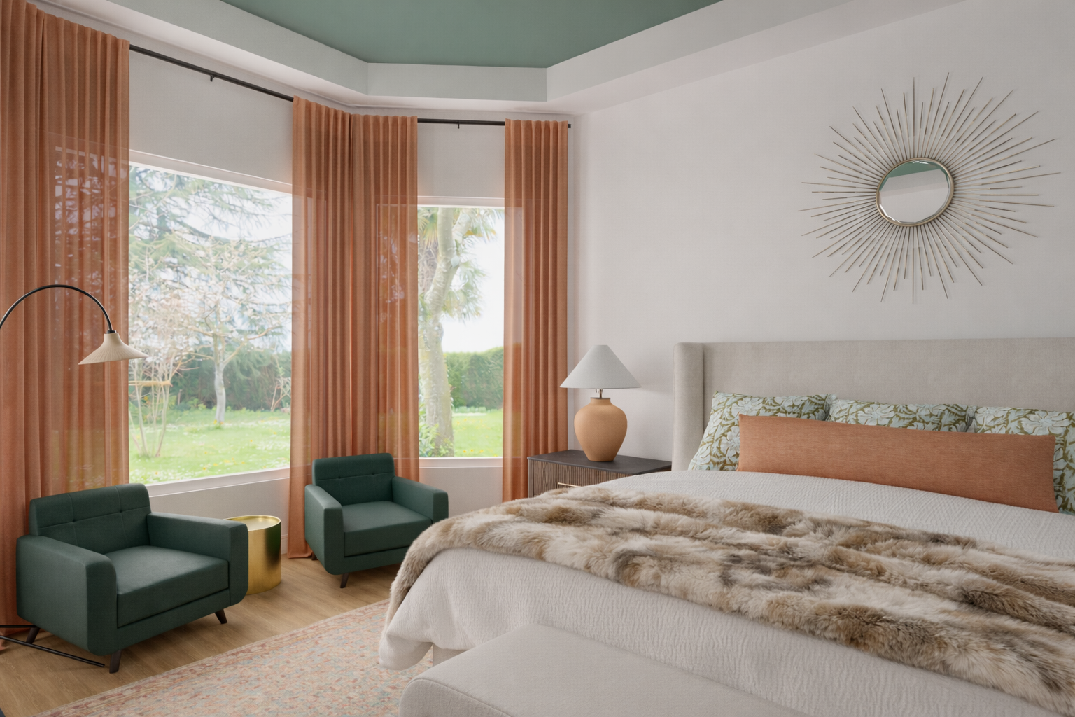 Cozy bedroom with a large bed, fur throw, decorative pillows, a pair of green armchairs, a side table with a lamp, large windows with peach curtains, and outdoor greenery