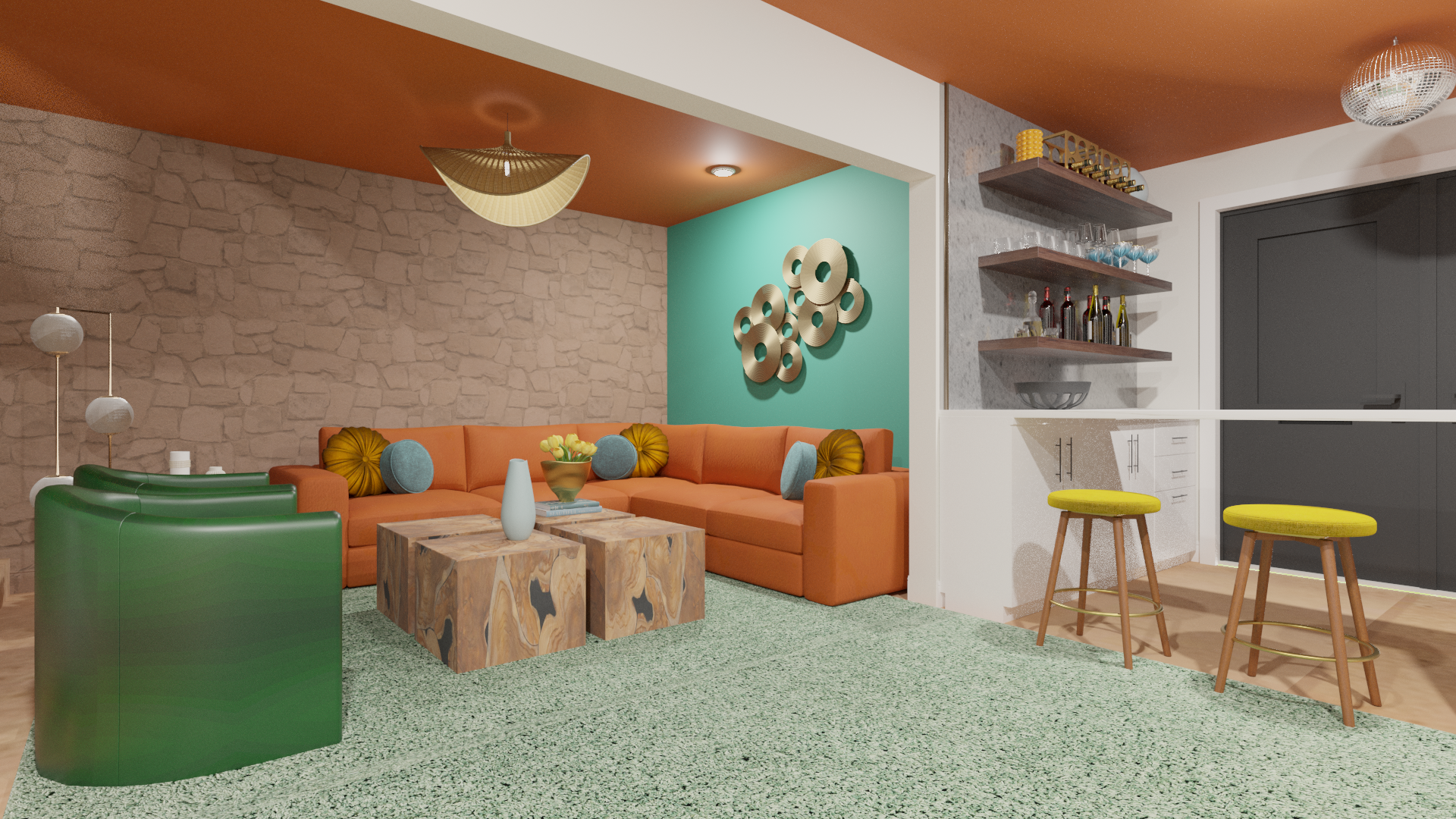funky den with bar and vibrant mid-century colors