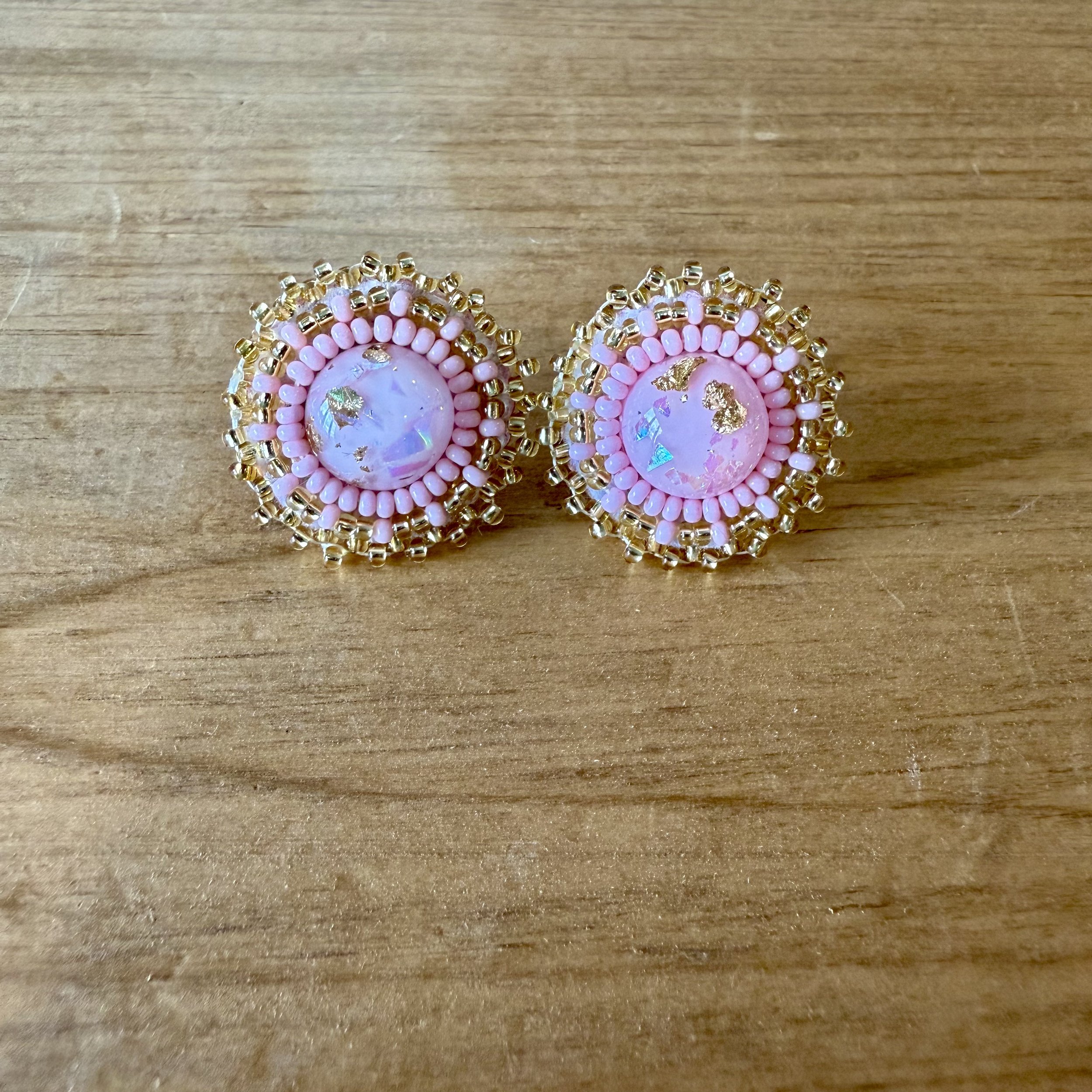 Beaded studs, pink & gold