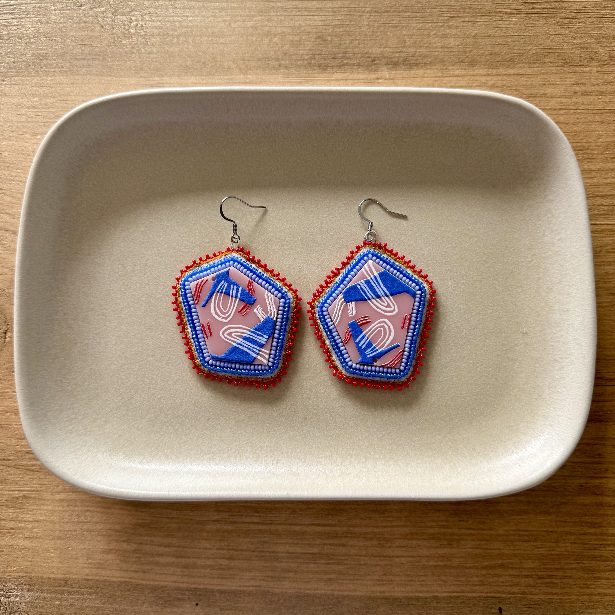 Blue & red on leather