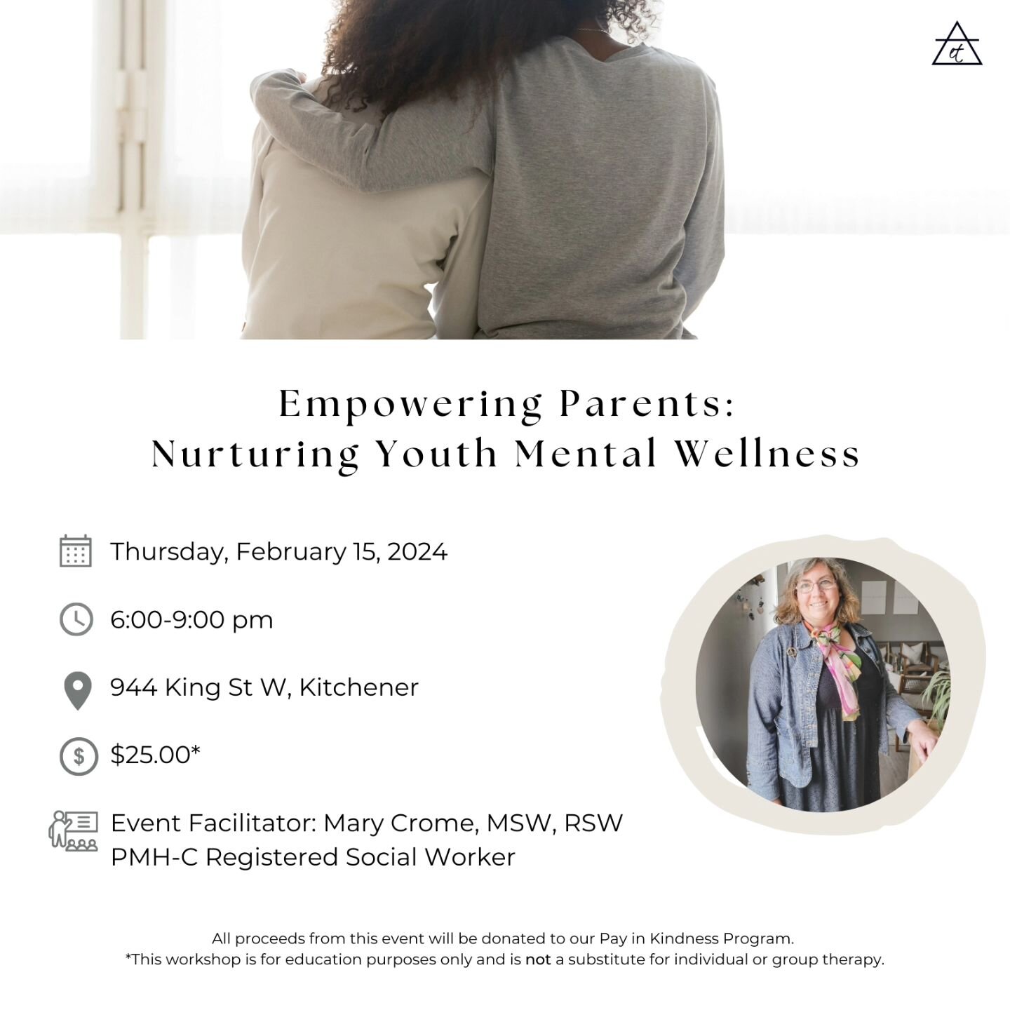UPCOMING WORKSHOP!
.
Hosted by Mary Crome, Registered Social Worker, this interactive workshop is designed to empower parents, guardians, and caregivers in effectively supporting youth mental health. 
.
Gain practical tools and insights to create a n