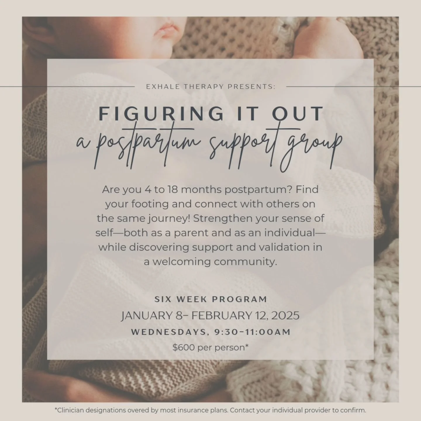 🗓 6-Week Postpartum Support Group 👶👩&zwj;🍼

Are you 4 to 18 months postpartum and craving support and understanding? Let&rsquo;s figure it out together 

What You&rsquo;ll Gain:
✨ Rediscover Your Identity &ndash; Strengthen your sense of self as 