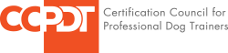 Logo of the Certification Council for Professional Dog Trainers (CCPDT) with an orange and black design.