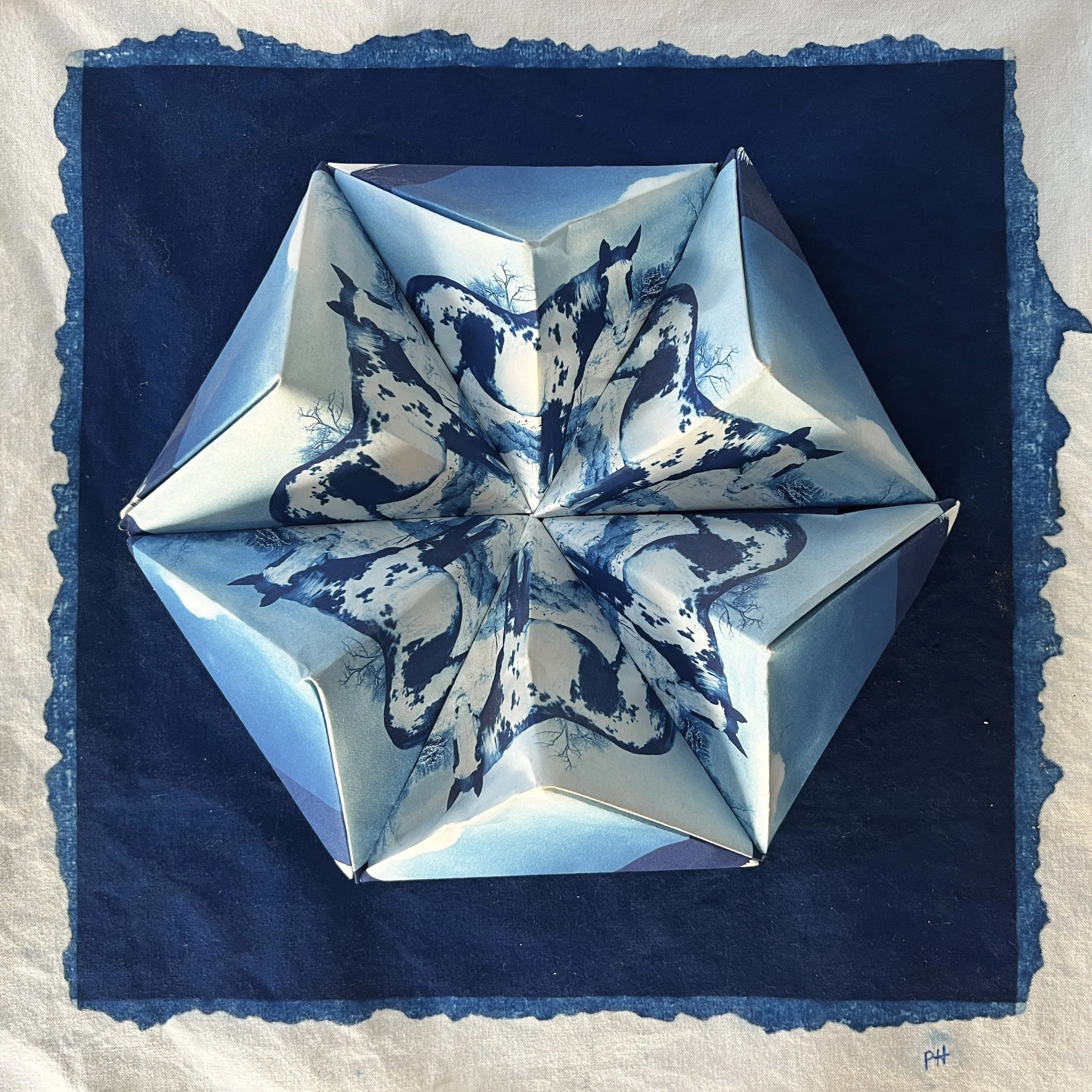 Paint Horse  Cyan on fabric and folded paper.jpg