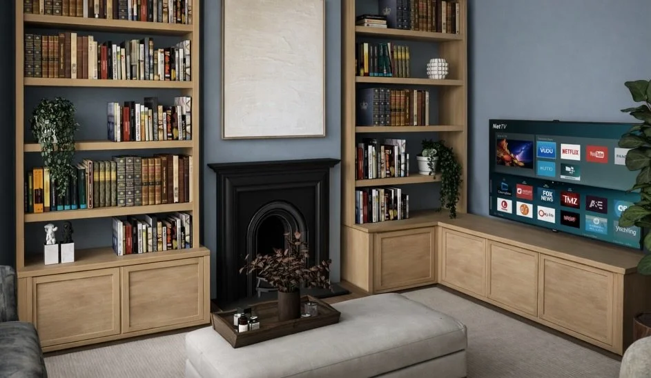 Classic, calming, balanced 🧘&zwj;♀️

Here&rsquo;s a snug room of dreams! Blue is known as a cold colour but adding natural and cosy finishes can really help to make this design warmer and cosy! 

We picked the design specifically around the client w