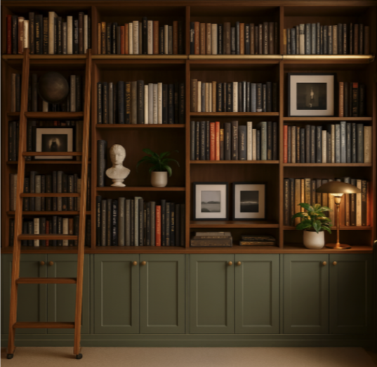 Wooden bookshelf with green lower cabinets, filled with books, decorative bust, framed photographs, plants, and a reading lamp, with a ladder on the left.