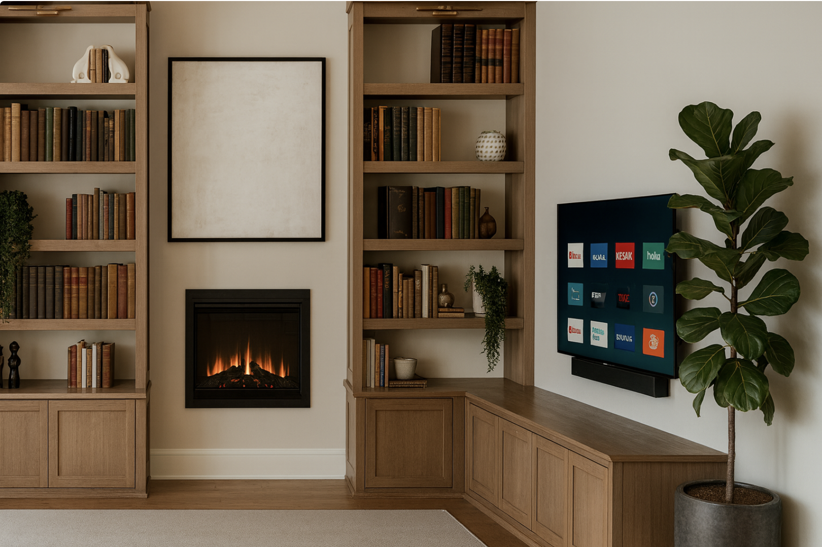 Living room with built-in wooden bookshelves filled with books, a small electric fireplace, a large flat-screen TV, and a tall potted plant in a gray pot.