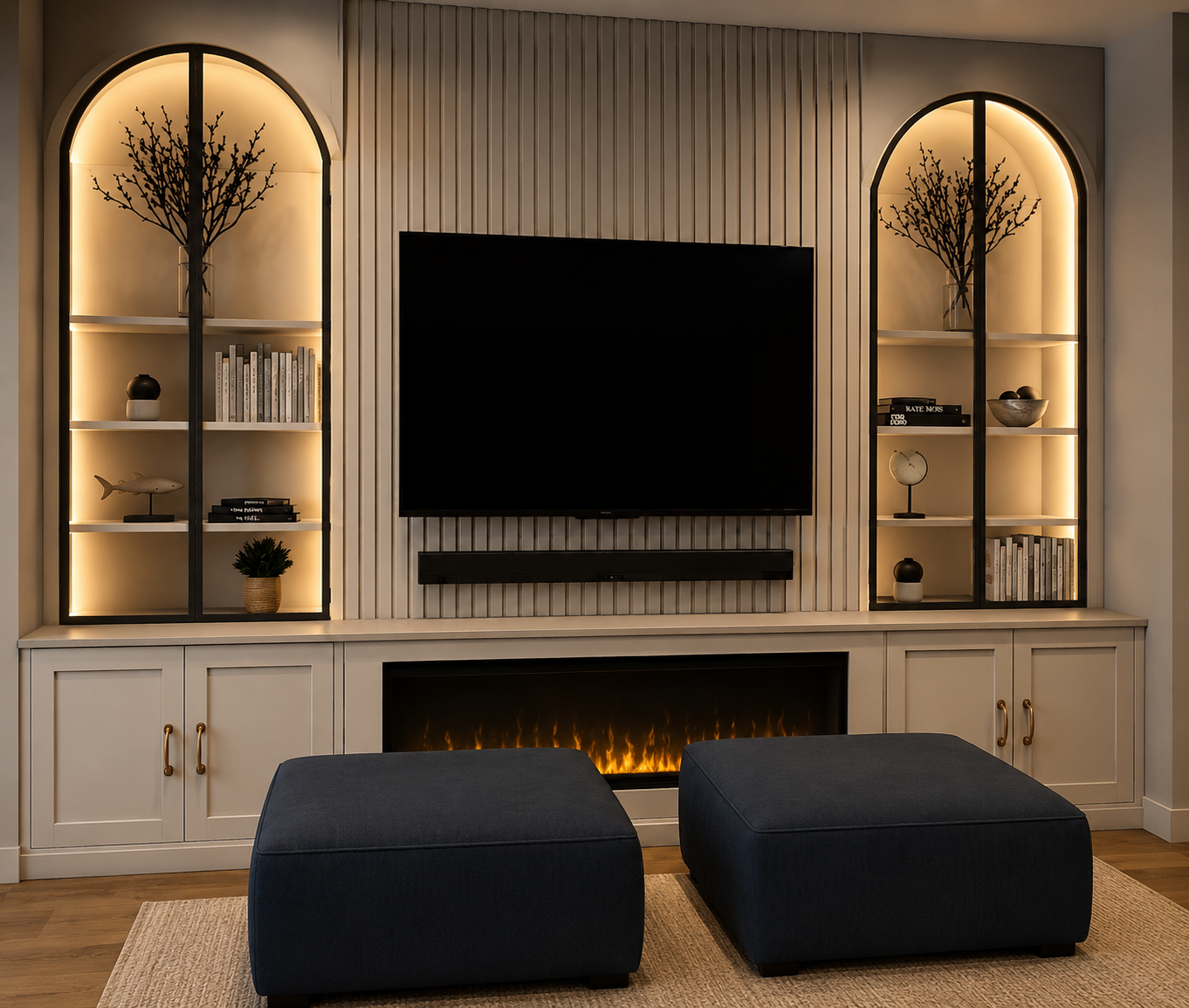 Modern living room with a wall-mounted flat-screen television, decorative shelves with books and ornaments, and a built-in electric fireplace below the TV. Two dark blue ottomans sit in front of the fireplace, and the space features light-colored cab
