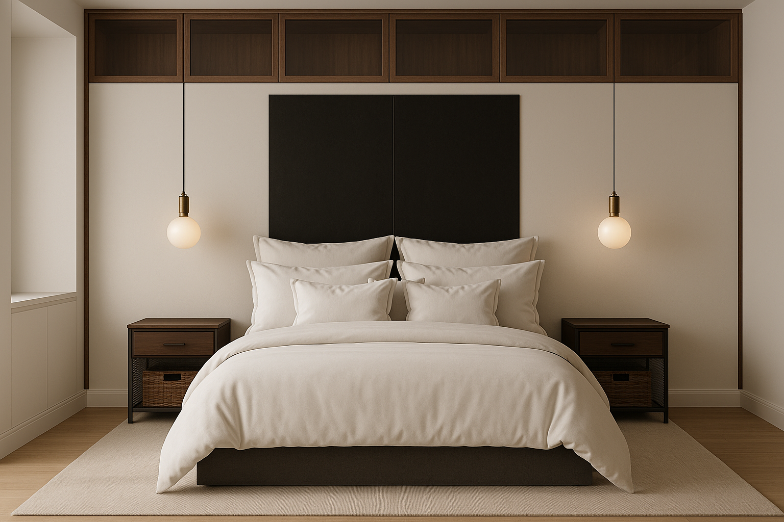 Minimalist bedroom with a neatly made bed, white bedding, multiple white pillows, dark headboard, two bedside tables, and two pendant lights hanging from the ceiling.