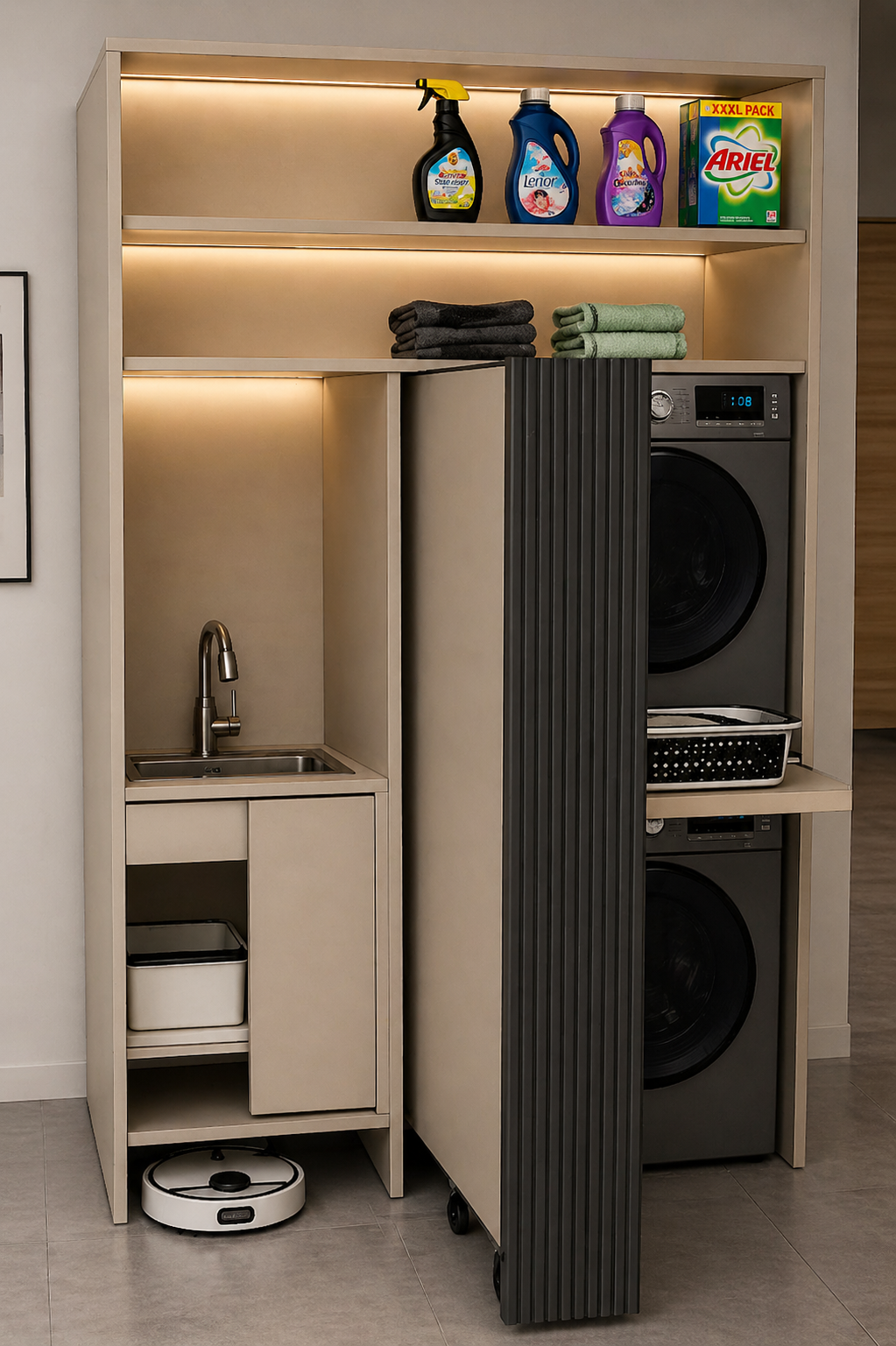 A multi-purpose laundry area with stacked washer and dryer, a small sink with faucet, shelves with folded towels, laundry detergents, and cleaning supplies.