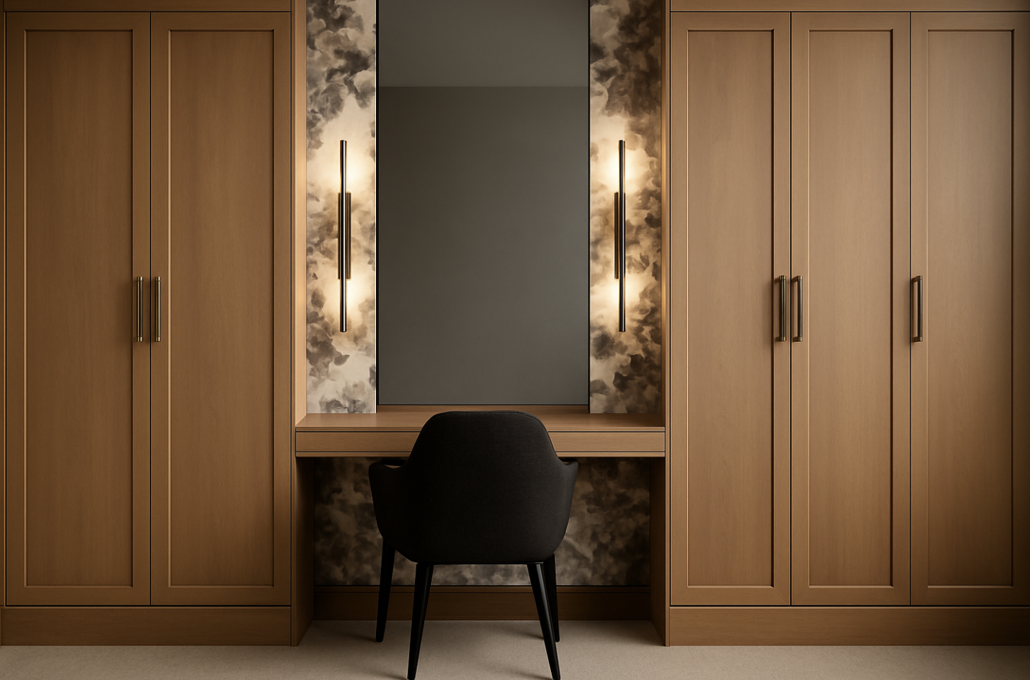 Wooden wardrobe units with a central makeup or vanity area, featuring a black chair, wall-mounted vertical lights, and a mirror with cloudy-patterned wallpaper.