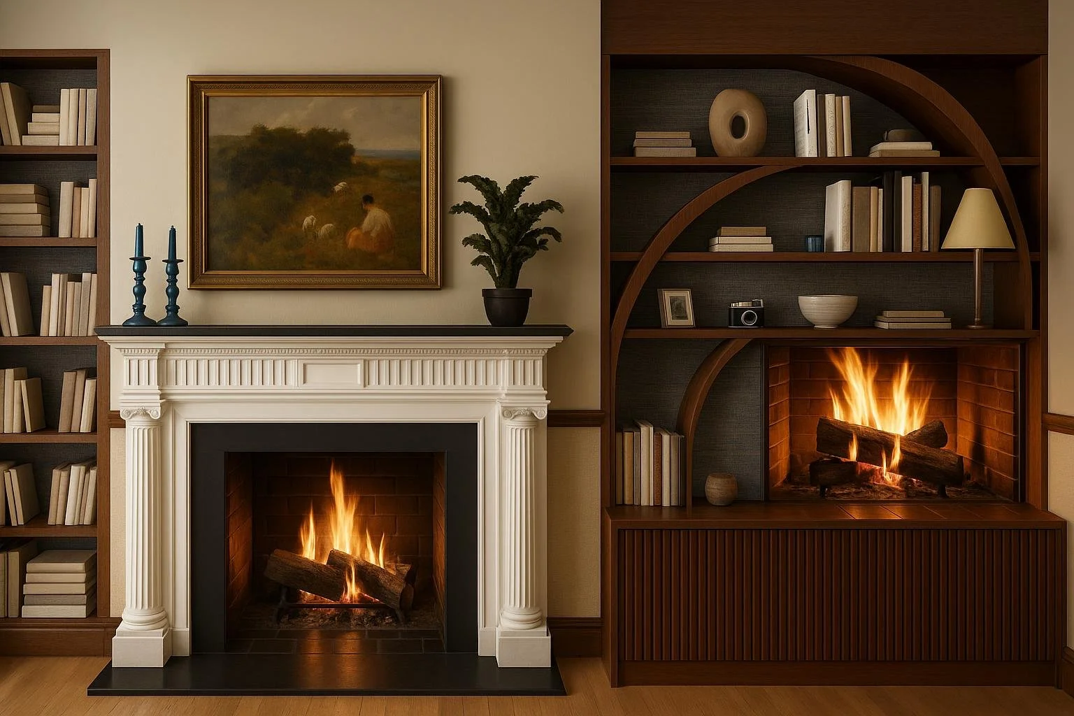 A cozy living room corner with two lit fireplaces, a white fireplace mantel on the left and a wooden built-in on the right, surrounded by bookshelves and decorative items, with a painting hanging above the left fireplace.