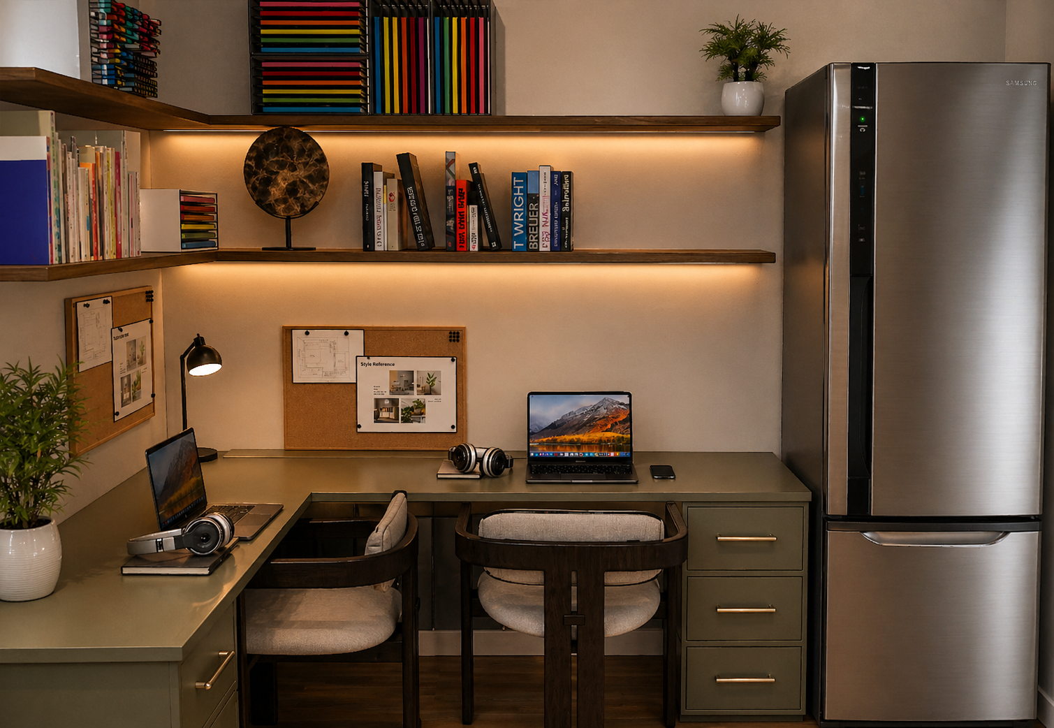 Home office workspace with a long desk, two chairs, open laptops, headphones, cork boards, shelves with books and colored pencils, a potted plant, a desk lamp, a tablet, a smartphone, and a large stainless steel refrigerator.
