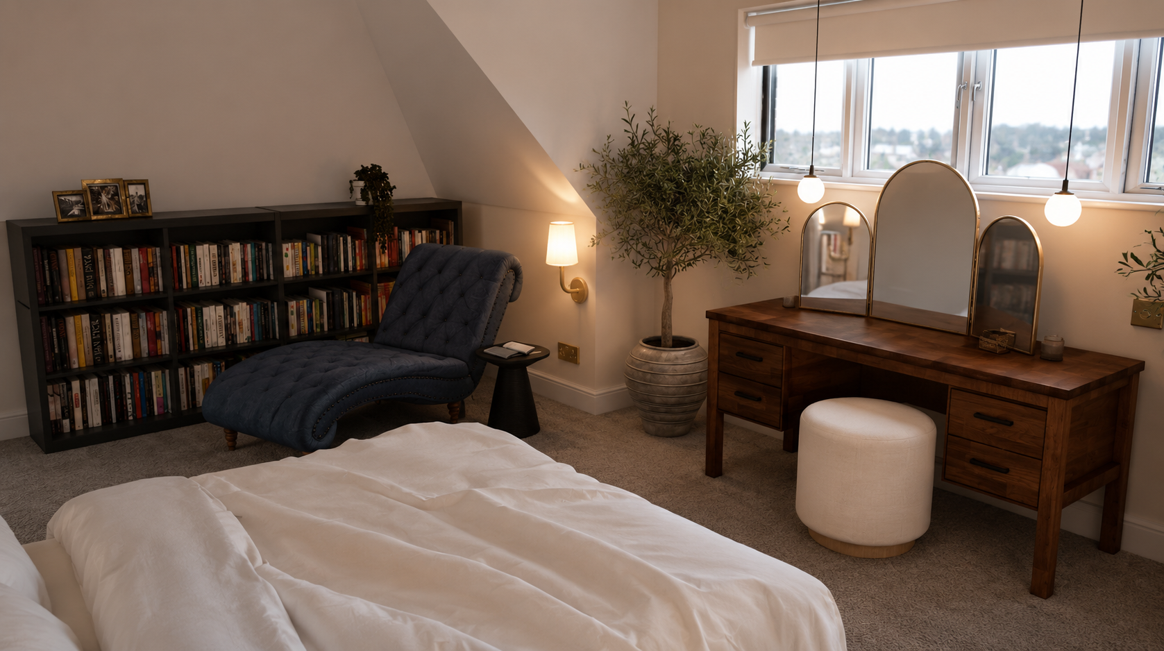 A cozy bedroom corner featuring a white bed, a wooden dresser with three mirrors, a white ottoman, a large potted plant, a blue velvet chaise lounge, a small black side table, a bookshelf filled with books, soft lighting, and a window with a view out