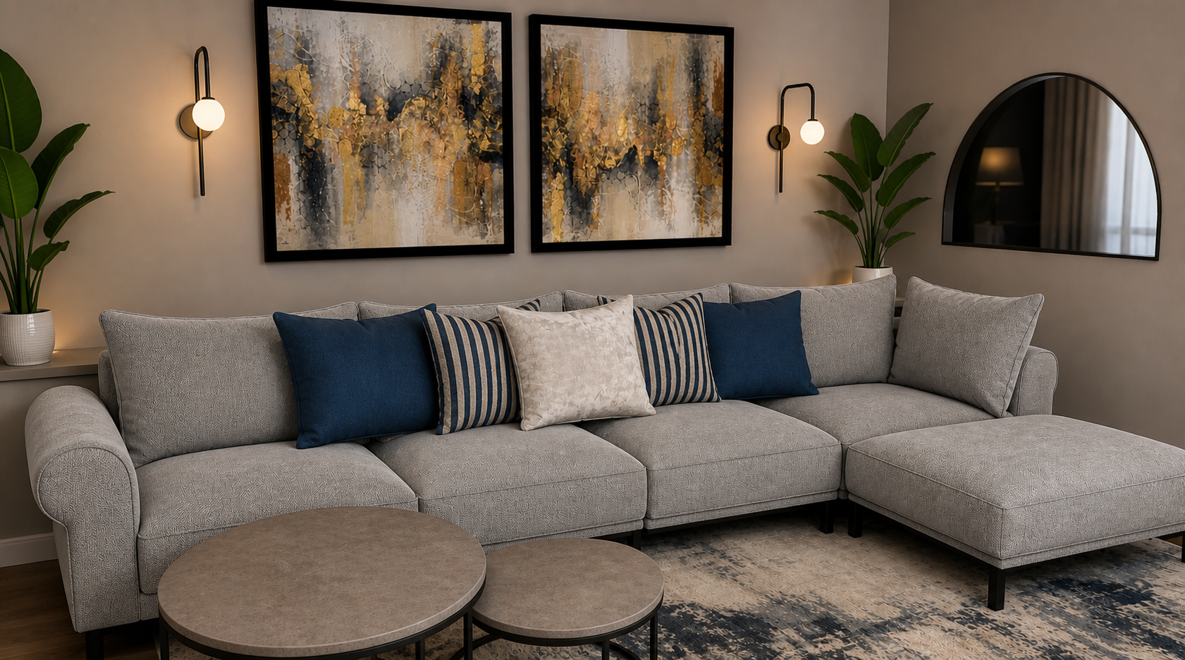 Living room with a large gray sectional sofa decorated with blue, striped, and beige pillows, two round coffee tables, abstract artwork, wall-mounted lights, potted plants, and a black-framed mirror.