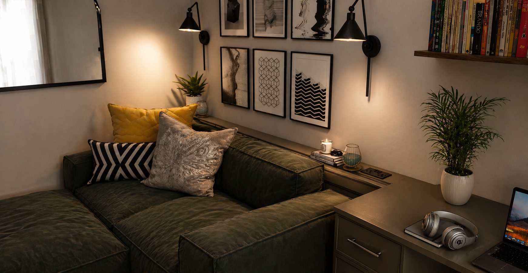 Living room corner with a dark green couch decorated with patterned and solid colored pillows, framed black-and-white abstract art on the wall, black wall sconces with lamps, a side table with potted plants, candles, a glass, and a laptop, and a wood