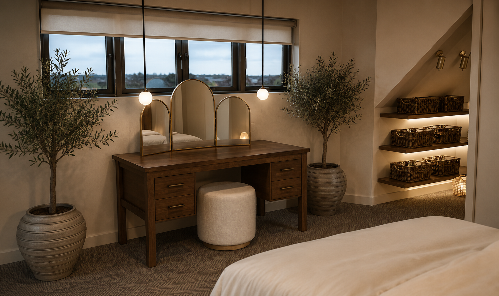 Decorated bedroom corner with a wooden vanity table, three mirrors, a white cushioned stool, two potted olive trees, and a window with a view of a cloudy sky and landscape.