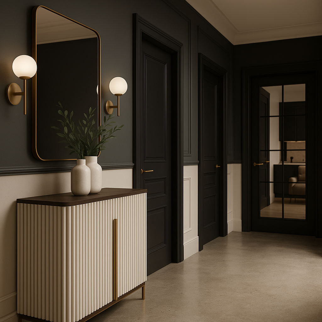 Modern hallway with black paneled doors, beige and white striped cabinet with vases and a plant, and two wall sconces with globe lights, next to a large mirror and a glass door leading to a living area.