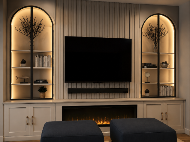 Living room with built-in shelves featuring lit decor, a mounted flat-screen TV, and an electric fire with two dark ottomans in front.