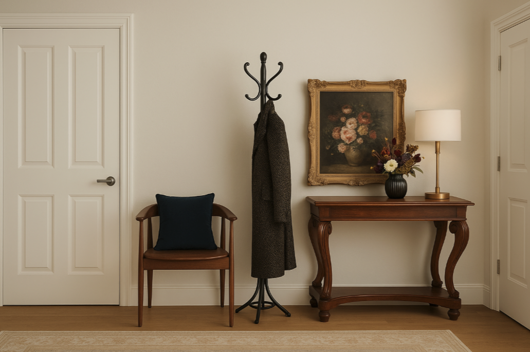 A hallway with a wooden chair, a coat rack with a coat hanging, a wooden table with a vase of flowers and a table lamp, a framed floral painting, and two closed white doors.