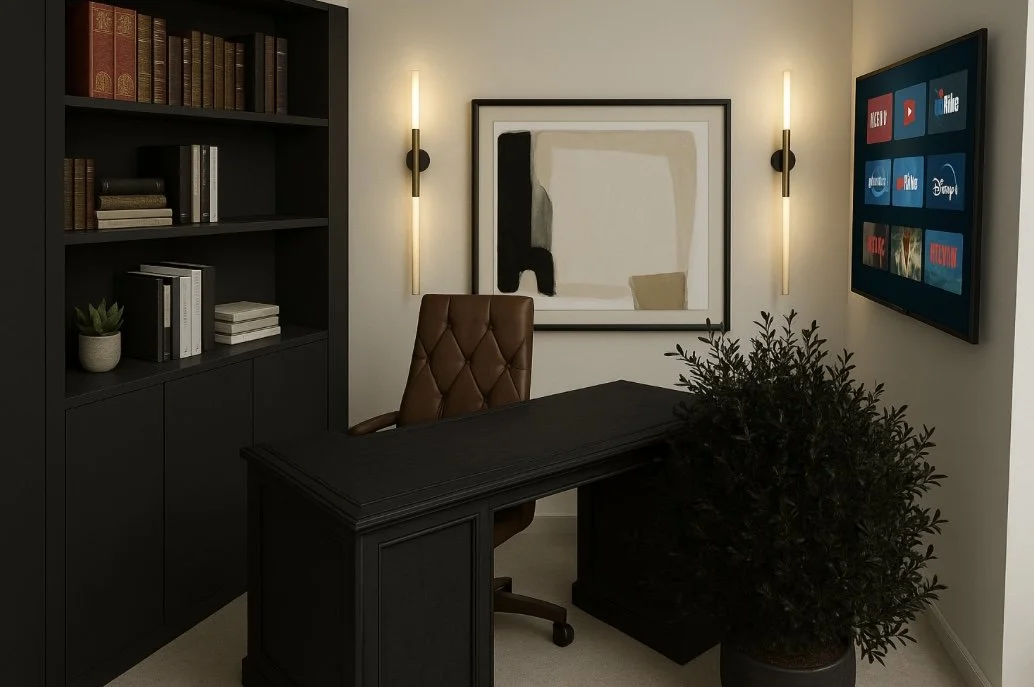 Home office with black desk, brown leather chair, black bookshelf with books and a potted plant, large abstract artwork, wall-mounted light fixtures, and a wall-mounted TV displaying streaming service logos.