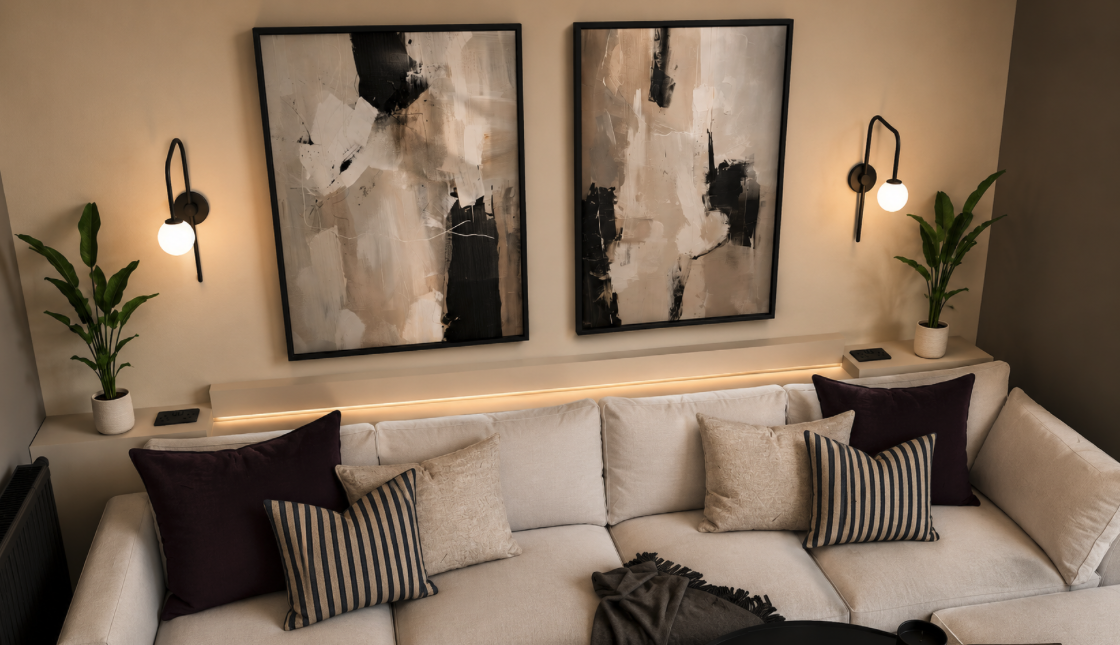Living room with a white sofa, decorative pillows, abstract wall art, potted green plants, wall-mounted lights, and neutral-colored walls.