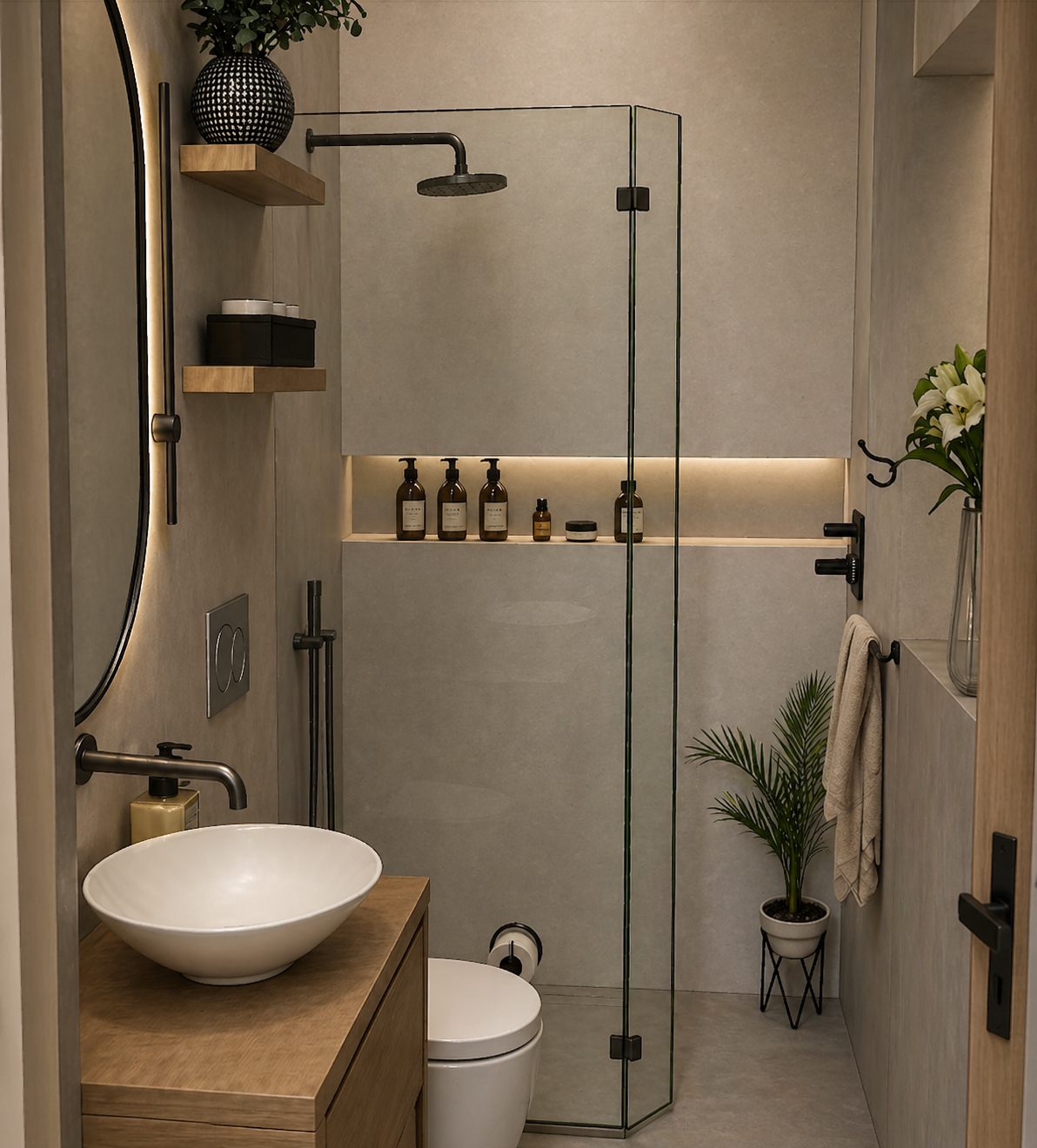 A modern bathroom with a wooden vanity, white vessel sink, wall-mounted faucet, wall-mounted toilet, circular mirror, wooden shelves with decorative items, a glass shower enclosure with a rainfall showerhead, a potted plant, and a towel hanging on a 