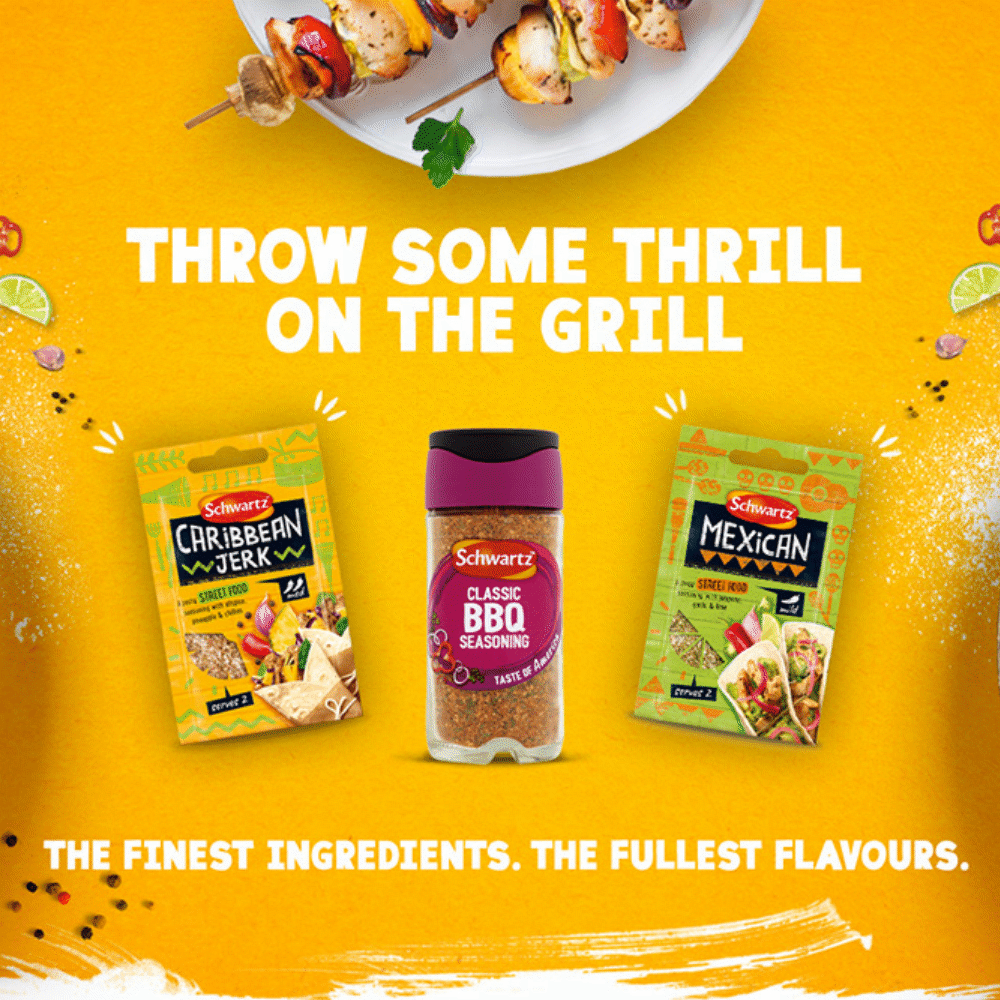 A yellow background with a white plate of grilled skewers at the top, scattered lime wedges, chili peppers, and spices. In the center, three seasoning products: Schwarz Caribbean Jerk, Schwartz Classic BBQ Seasoning, and Schwartz Mexican, with a slogan 'Throw some thrill on the grill' and a tagline 'The finest ingredients. The fullest flavors.'