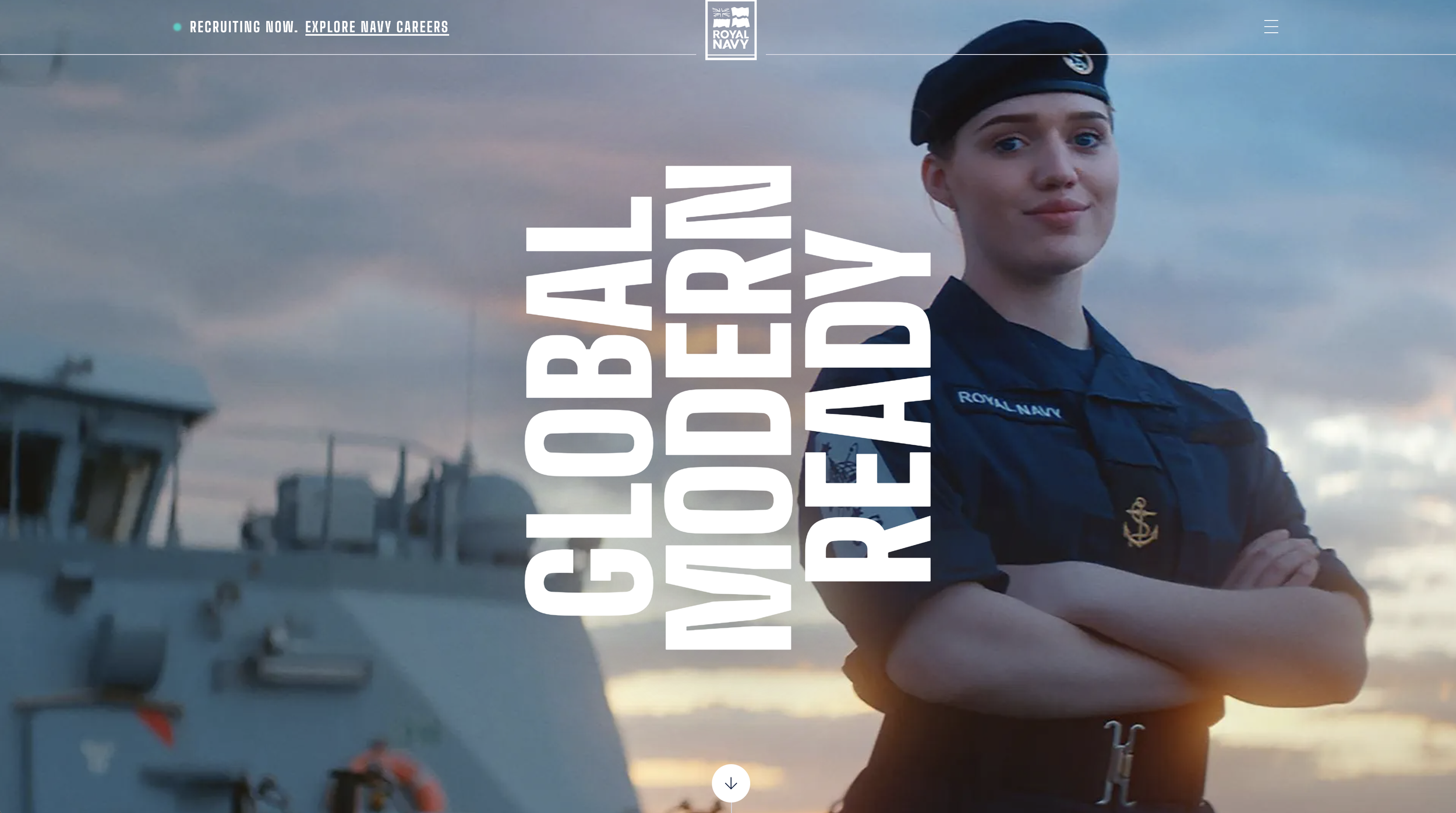 A female member of the Royal Navy in uniform with crossed arms, standing outdoors at sunset, with a ship in the background and text overlay promoting Navy careers.