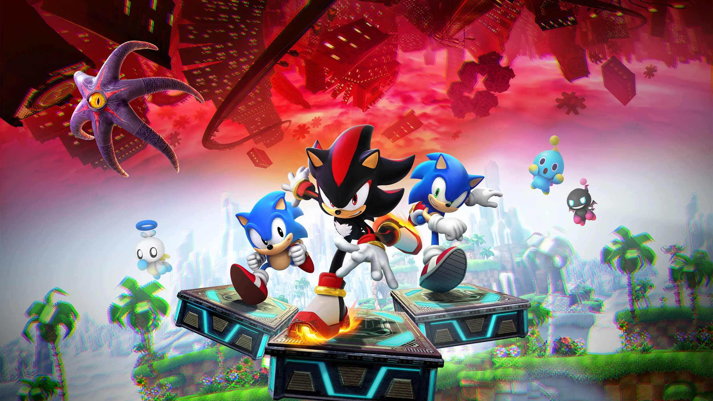 Group of Sonic the Hedgehog characters, including Sonic, Shadow, Silver, and others, on a futuristic platform in a colorful, digitally stylized landscape with floating buildings and palm trees.