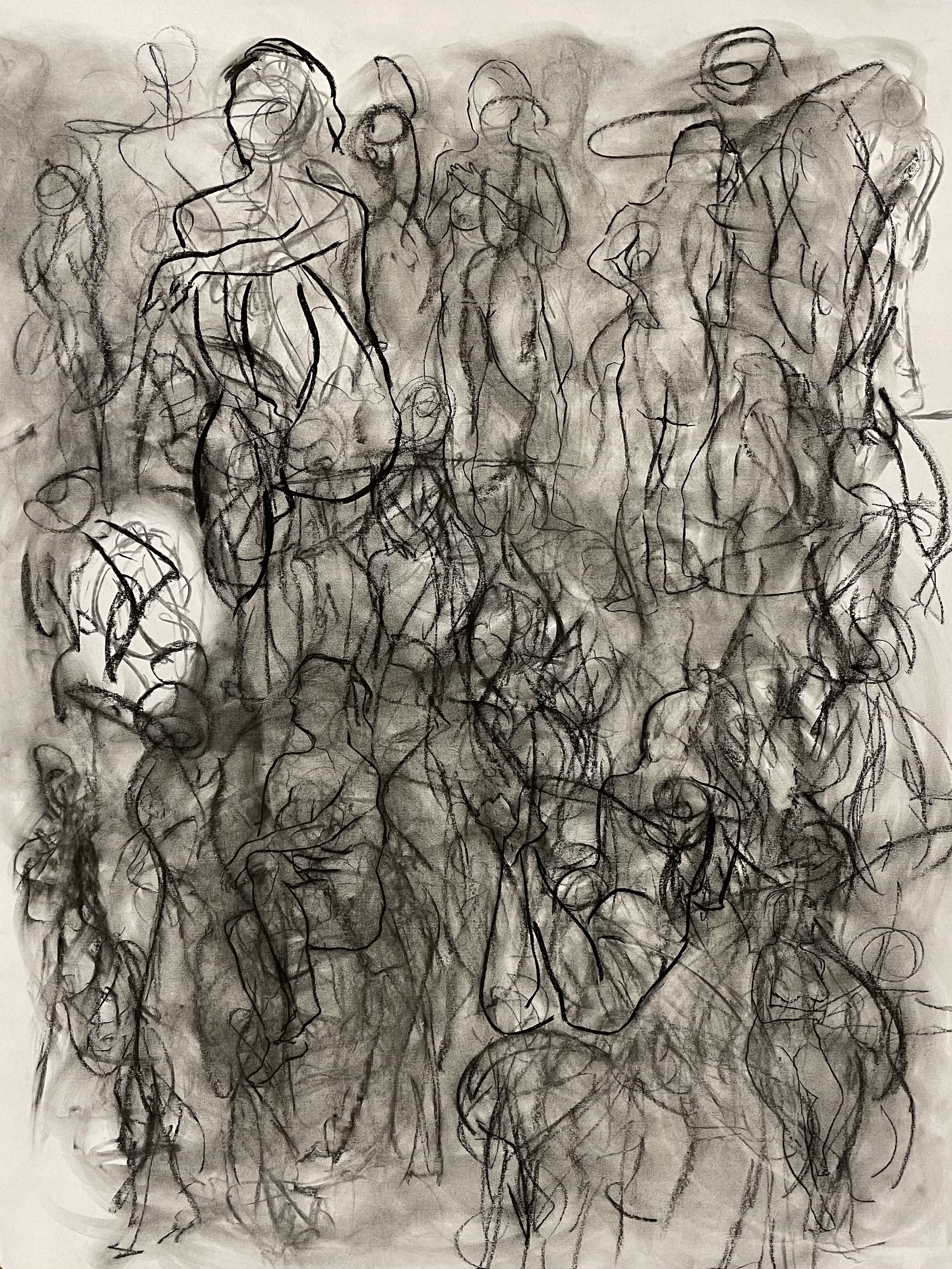 Layered Gesture Figures, 36x24 in, charcoal pencil, compressed charcoal, conte crayon, vine charcoal