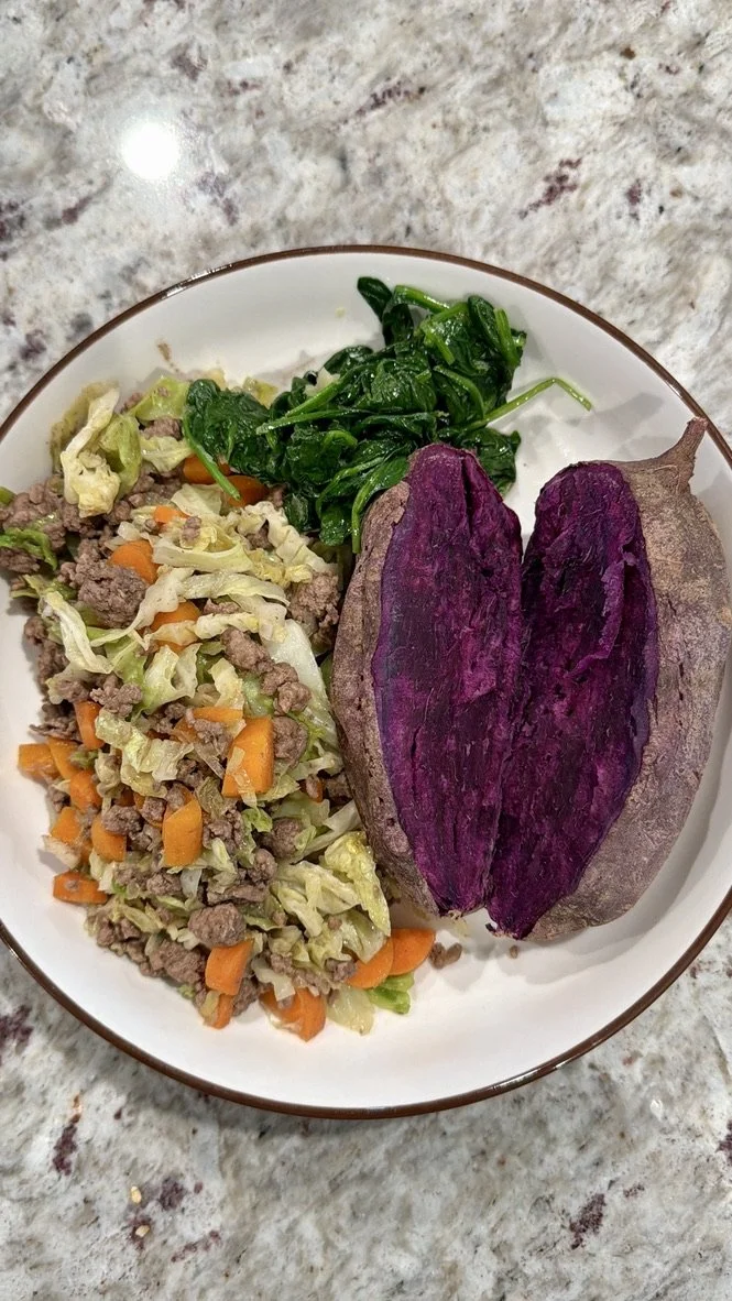 Ground Beef Stir-fry w/ Seasoned Spinach &amp; Purple Sweet Potato