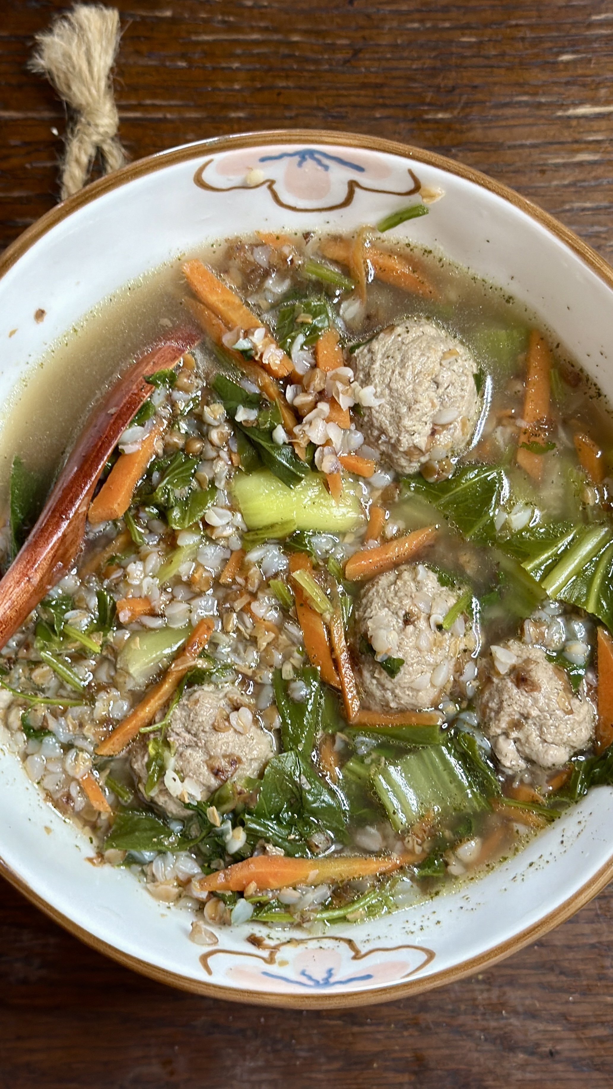 Spring Vegetable &amp; Turkey Meatball Soup w/ Kasha