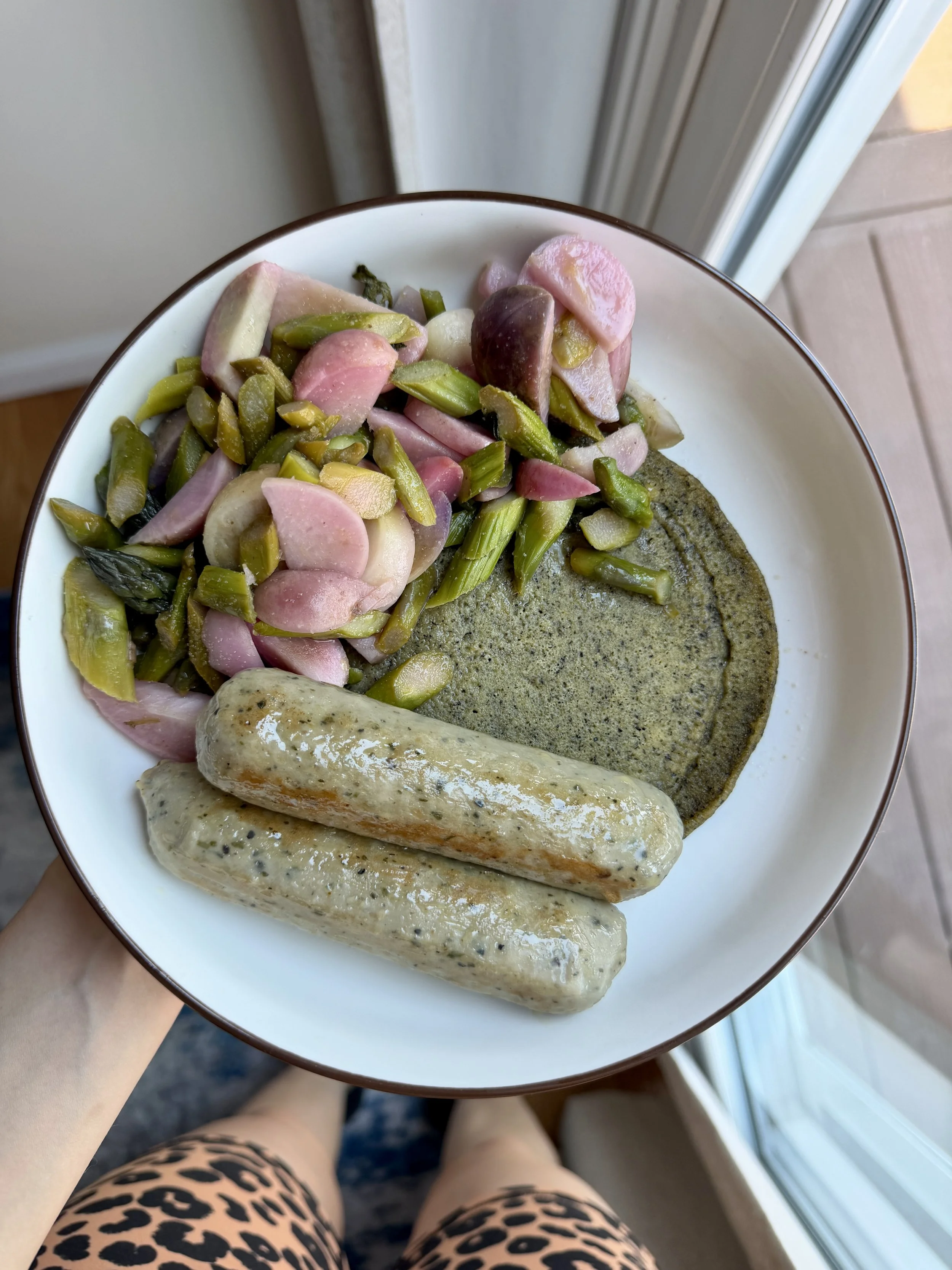 Savory Taro Spinach Pancakes &amp; Asparagus Radish Stirfry: