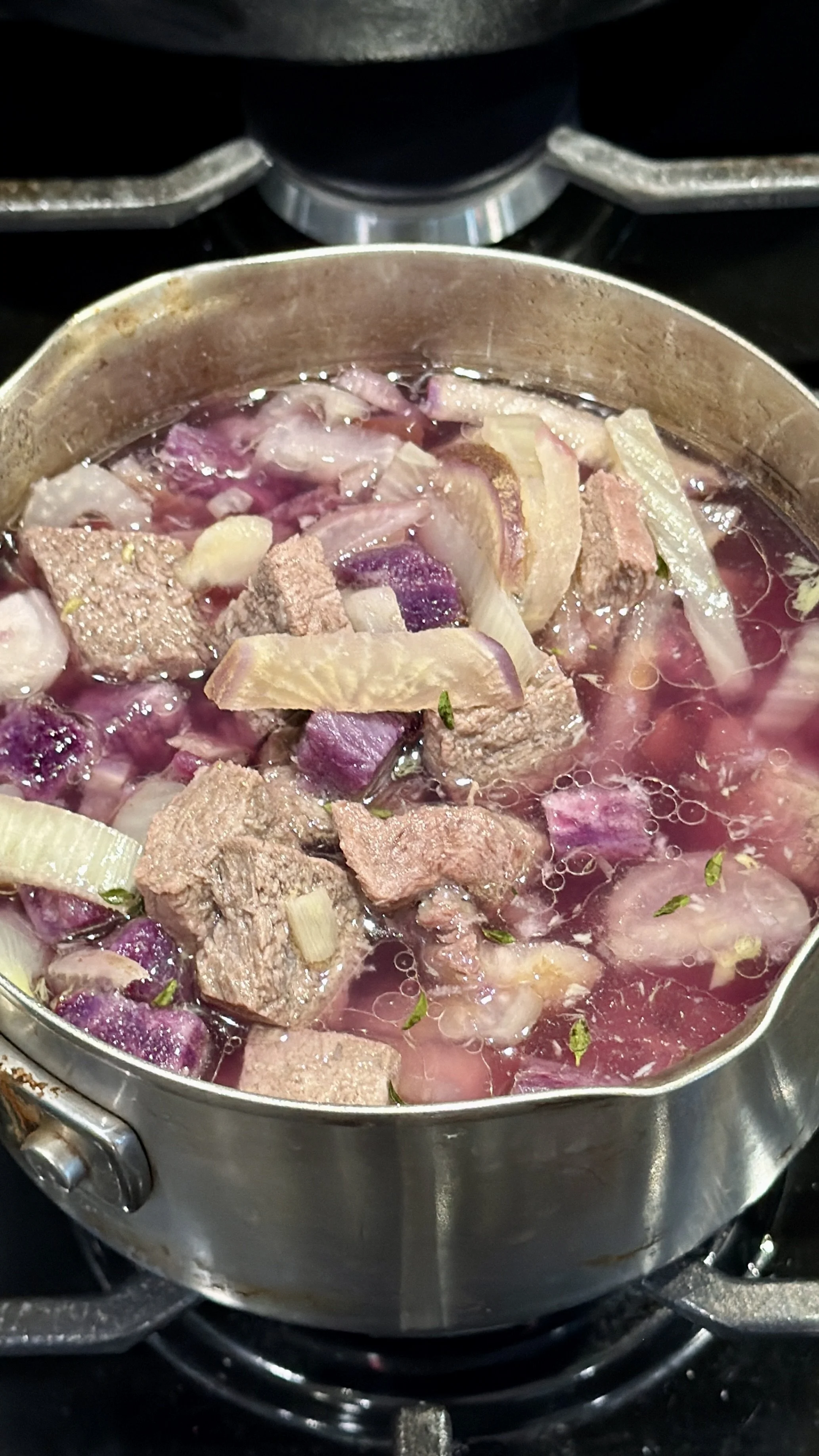 Beef broth w purple sweet potato &amp; fennel