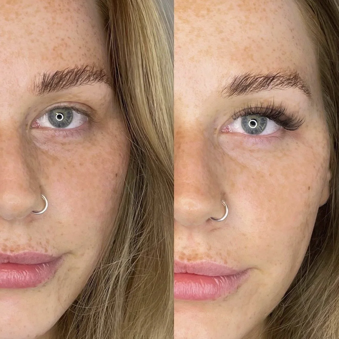 Close-up of a woman's face showing a before and after comparison of her eye area, with makeup applied on the right eye.