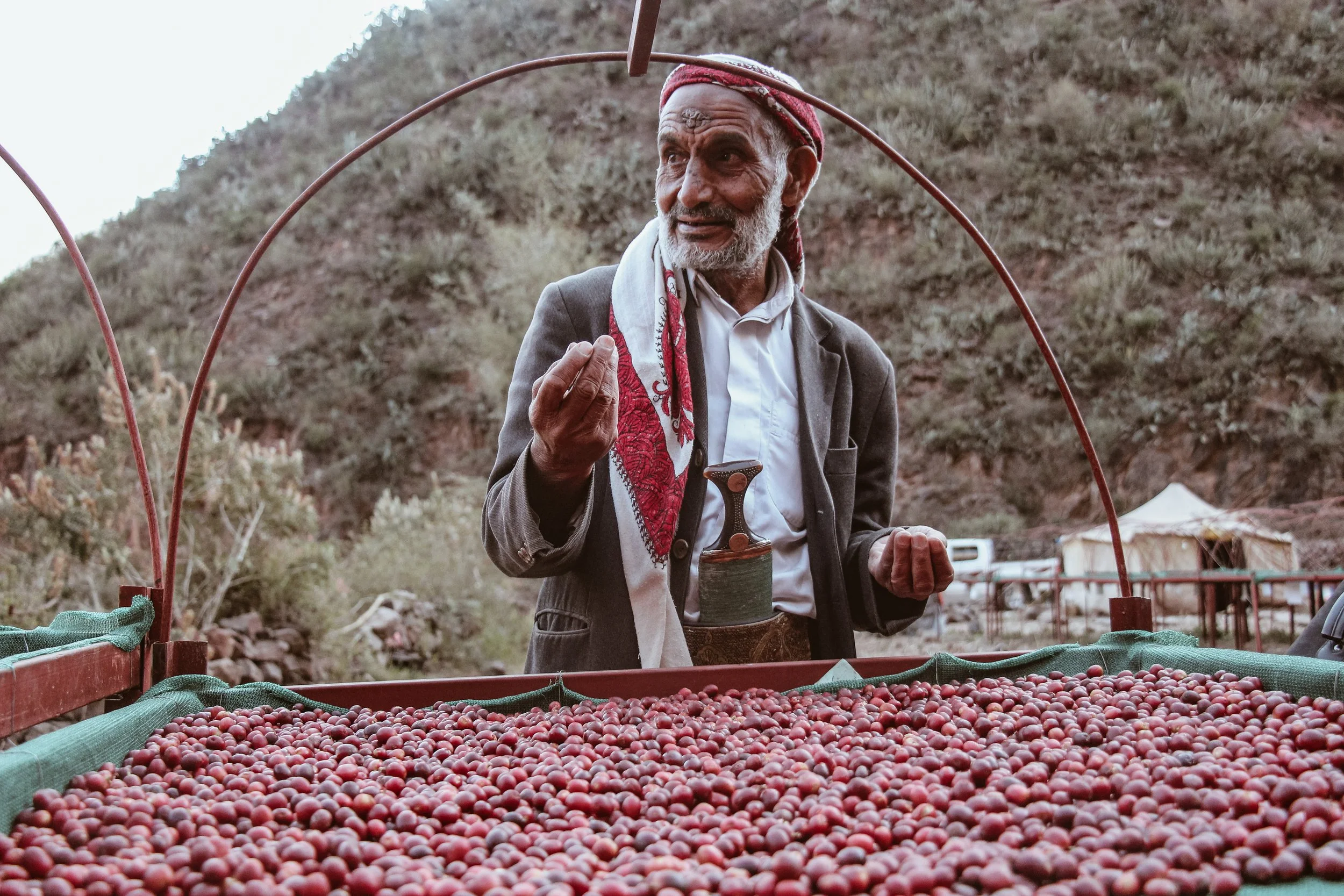 An elderly man with gray hair, beard, and traditional clothing stands outdoors among hills, with a red scarf on his head, near a large table filled with red apples, holding a small object in his left hand