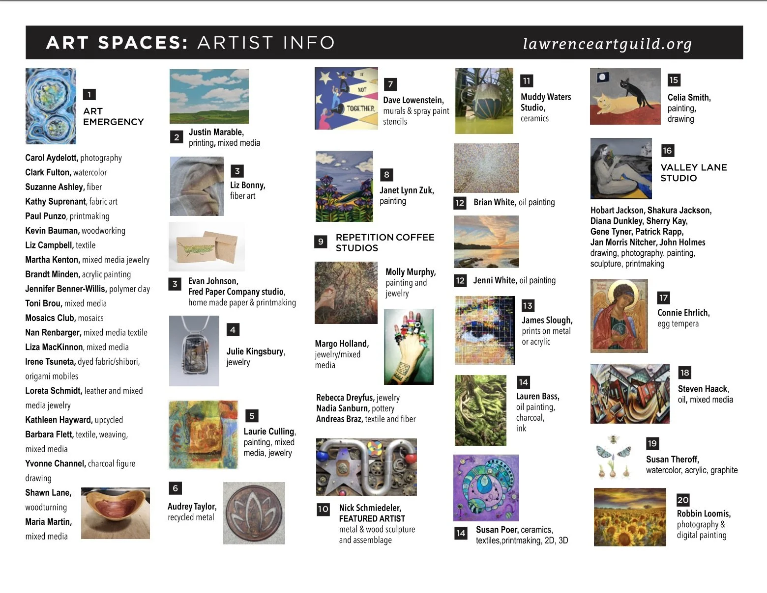 Art Spaces Tour Map artist listing