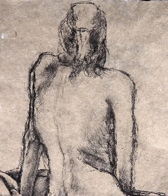 Charcoal drawing of back of a woman