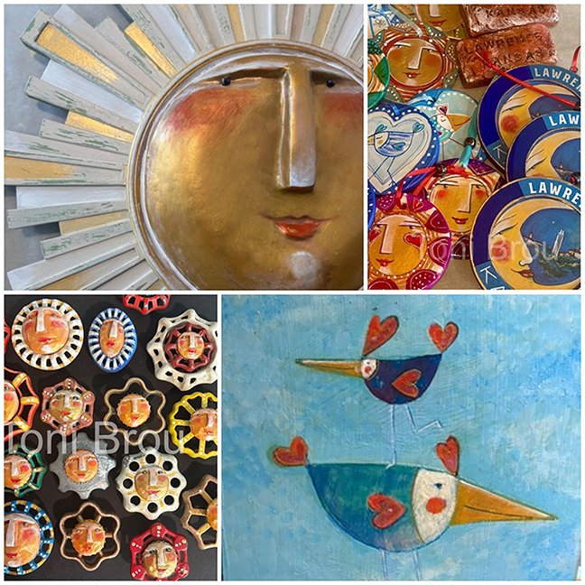 Sun faces and birds flying