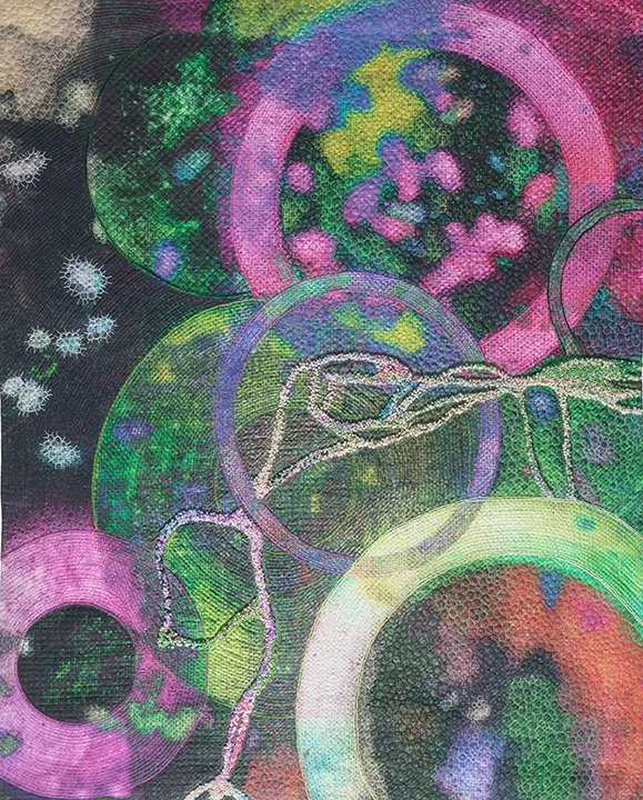 Green and pink circle on fabric