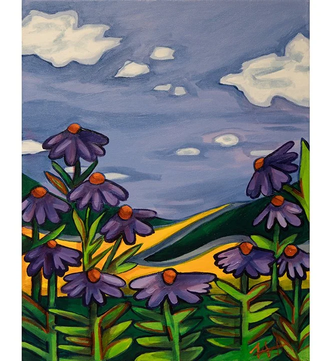 painting of purple flowers and a blue sky