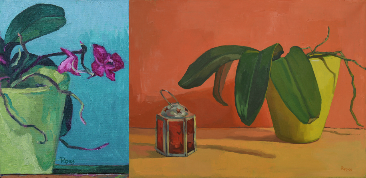 Two oil paintings of potted plants with vibrant colors by Miguel Reyes